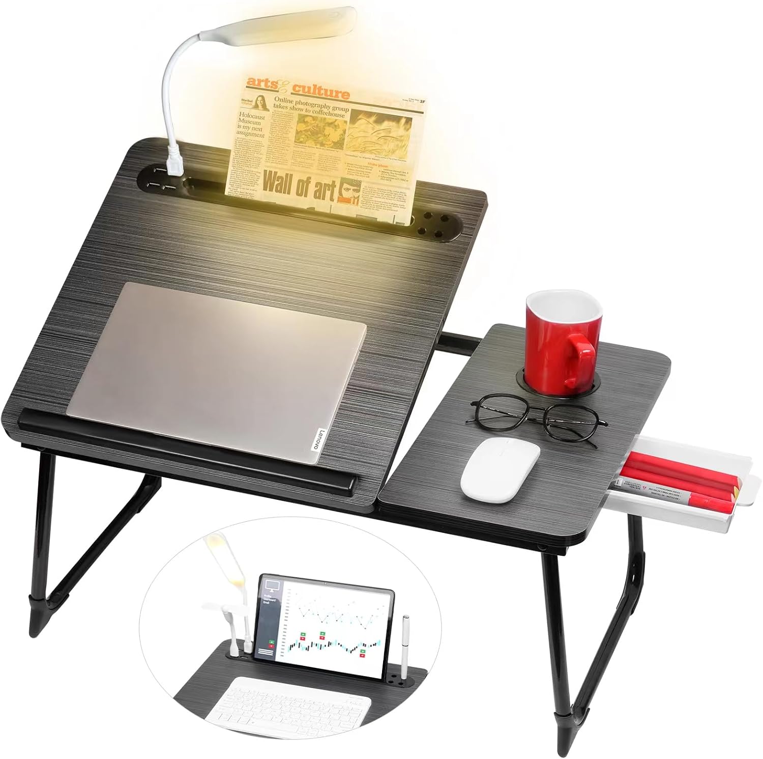 CloudTrip Plus XL Adjustable Laptop Desk with Light, USB Port, iPad Holder, Drawer Storage - Larger 23.6IN Adjustable Lap Desk for Bed, Home Office, Breakfast Tray, Fordable Legs Desk (Black)