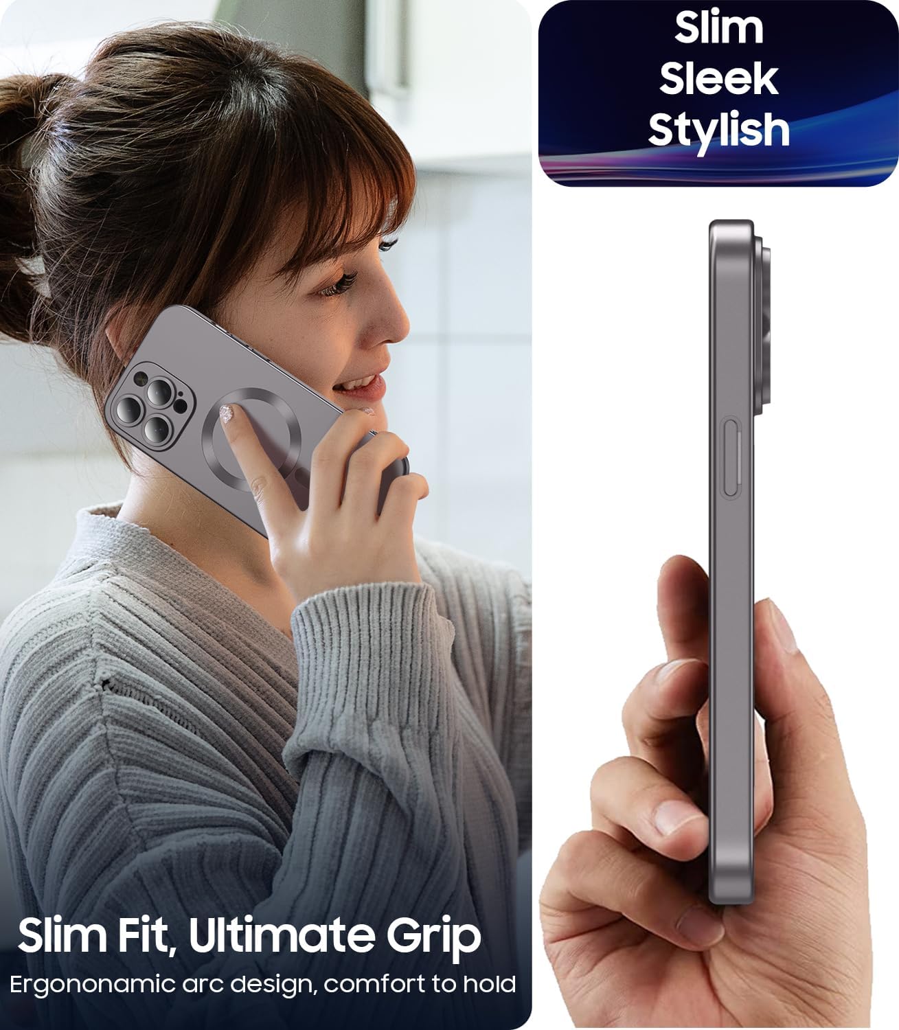 Magnetic for iPhone 15 Pro Max Case [Compatible with MagSafe][Built-in Camera Lens Protector] Slim Soft Silicone Bumper Shockproof Metallic Luster Phone Case (Titanium Gray)