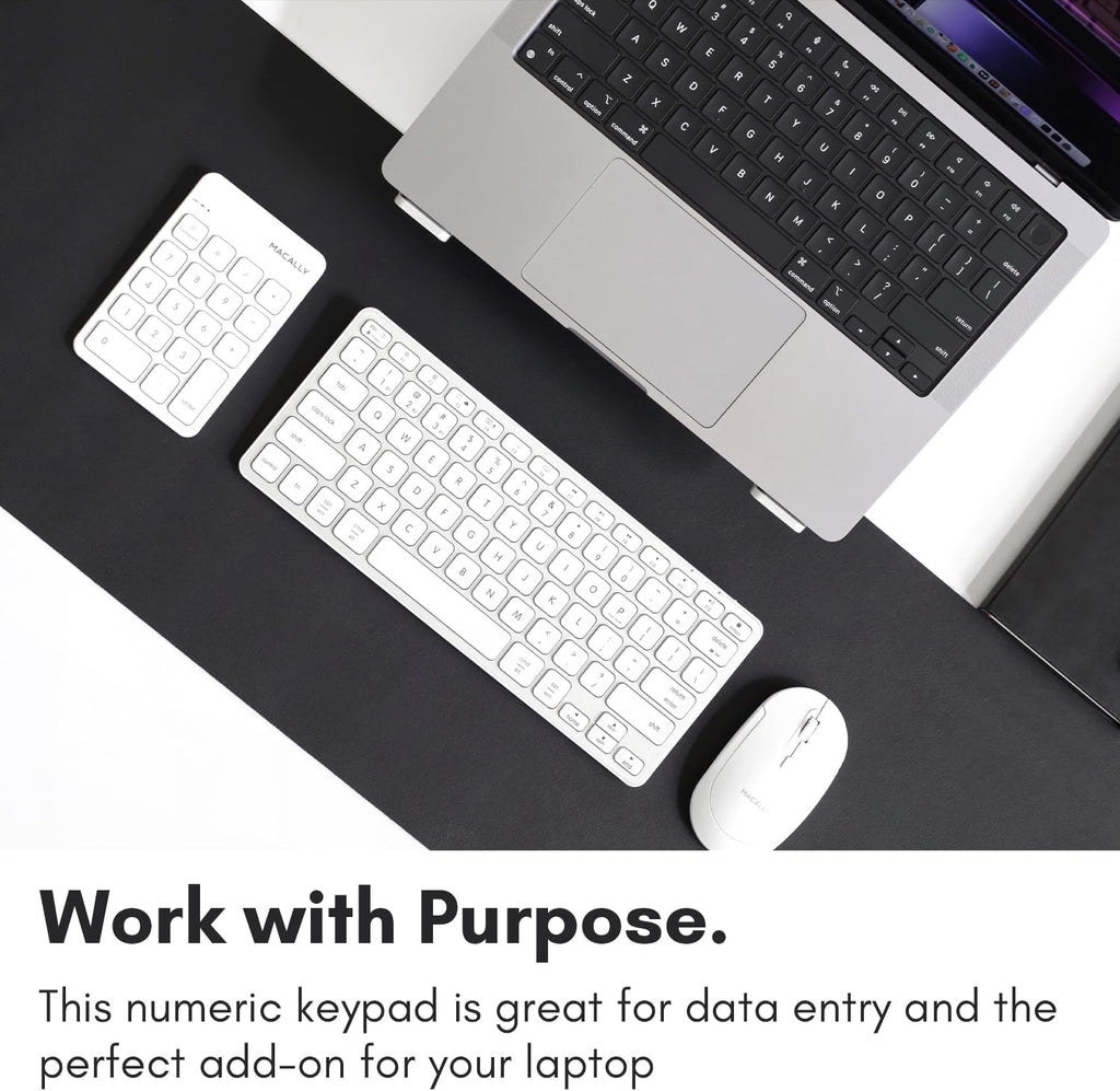 Macally Bluetooth Number Pad for Laptop, Apple, Mac, iMac, MacBook Pro/Air, Ipad, Windows PC, Tablet, or Desktop Computer - Rechargeable 18 Key Wireless Numeric Keypad - White Bluetooth 10 Key Numpad