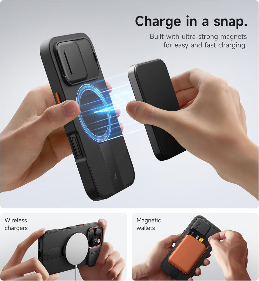 SURITCH for iPhone 16 Pro Case with Slide Camera Cover and Adjustable Kickstand, Compatible with MagSafe, Shockproof Bumper Case Slim Protective Cover for iPhone 16 Pro 6.3 Inch,Black