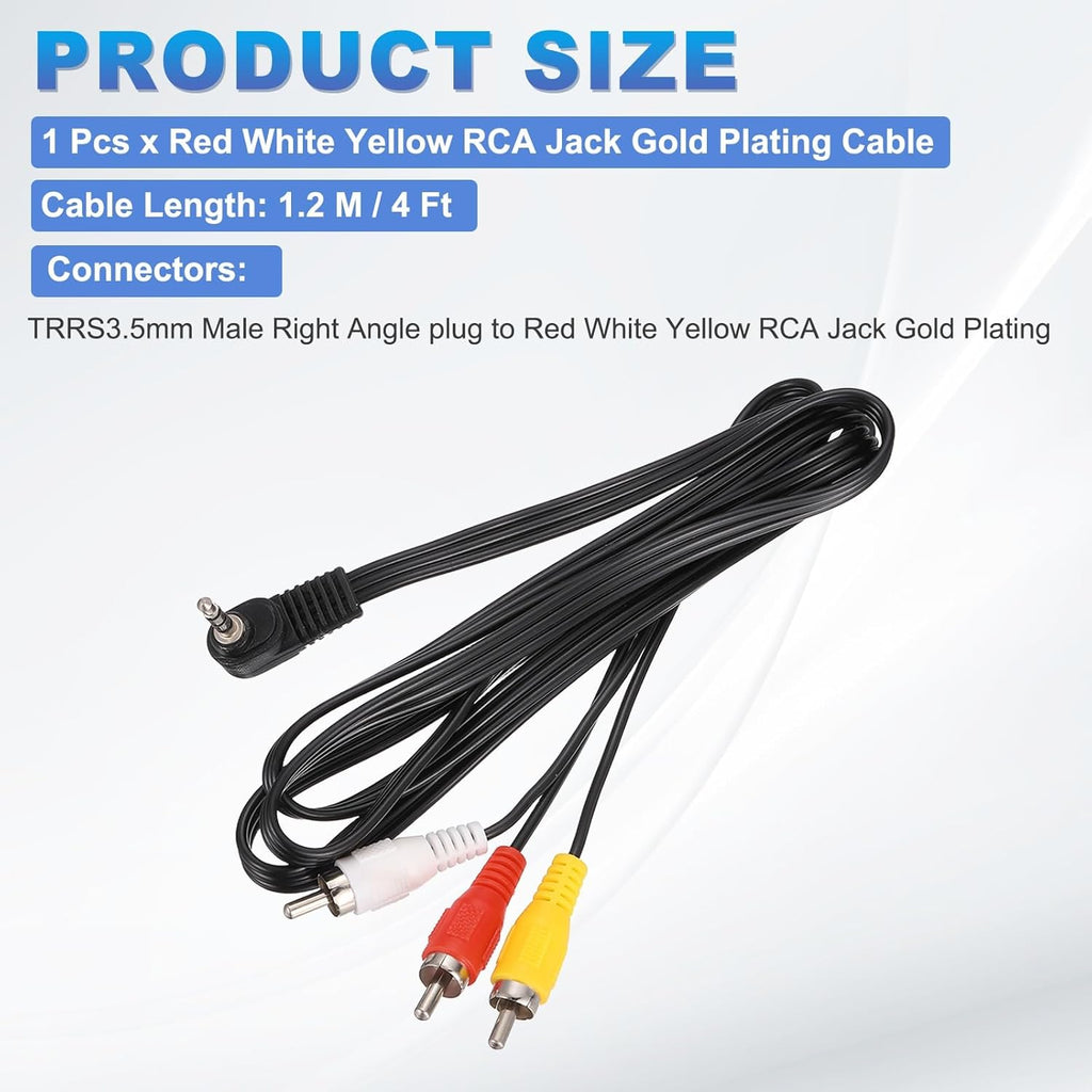 MECCANIXITY TRRS3.5mm Male Right Angle to Gold Plating RCA Jack Cable(Red+White+Yellow) 1.2 M/4 ft Copper Core 2mm PVC Audio AUX Cable for High Fidelity Sound Transmission