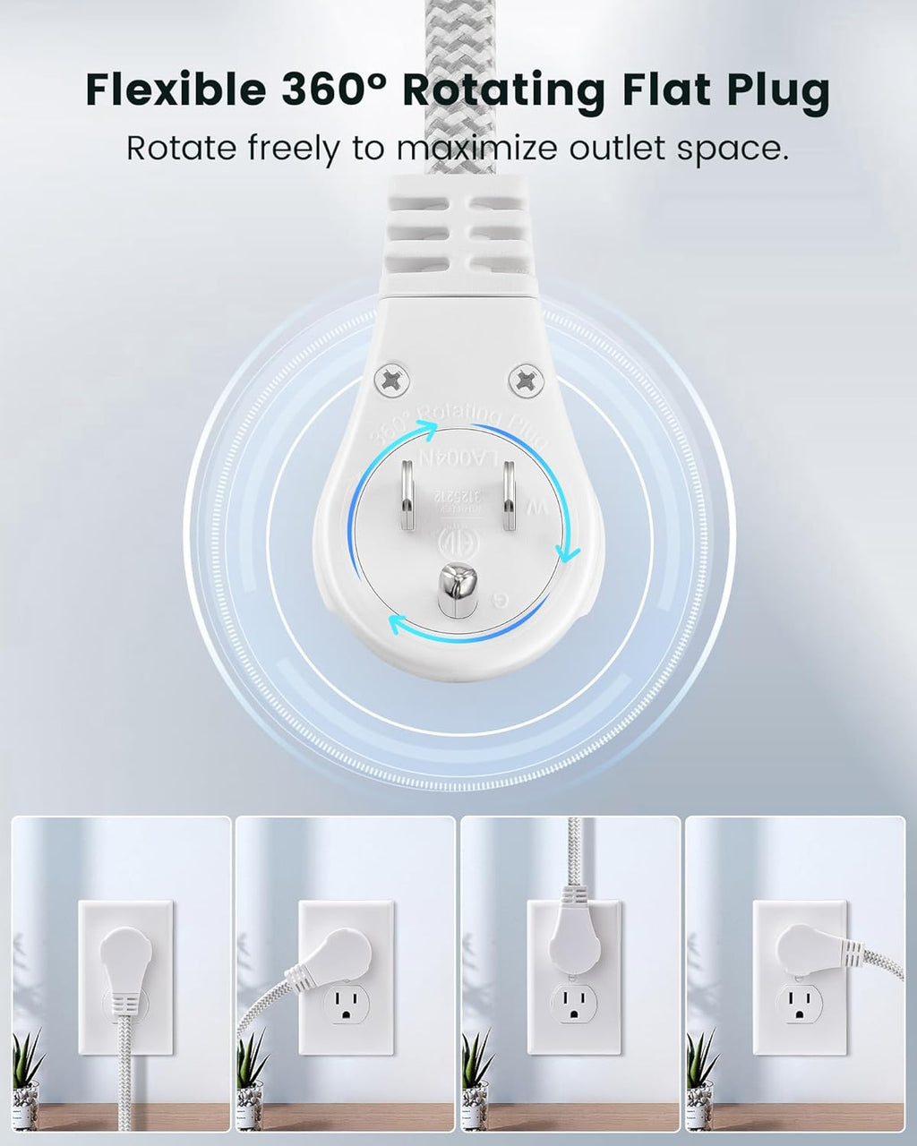 SURAIELEC 6FT Flat Extension Cord with 360° Rotating Plug, Braided Flat Plug with 3 Outlets, 16 AWG Thin White Extension Cord for Indoor Use, Home, Office, Compact Spaces, ETL Listed