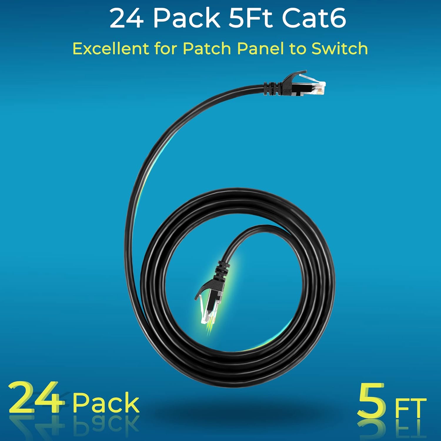 Rapink Patch Cables Cat6 5ft (24 Pack), Ethernet Patch Cable 10G Support, Cat 6 Patch Cable for Patch Panel to Switch, Flexiable Cat 6 Ethernet Cable with Gold Plated Black