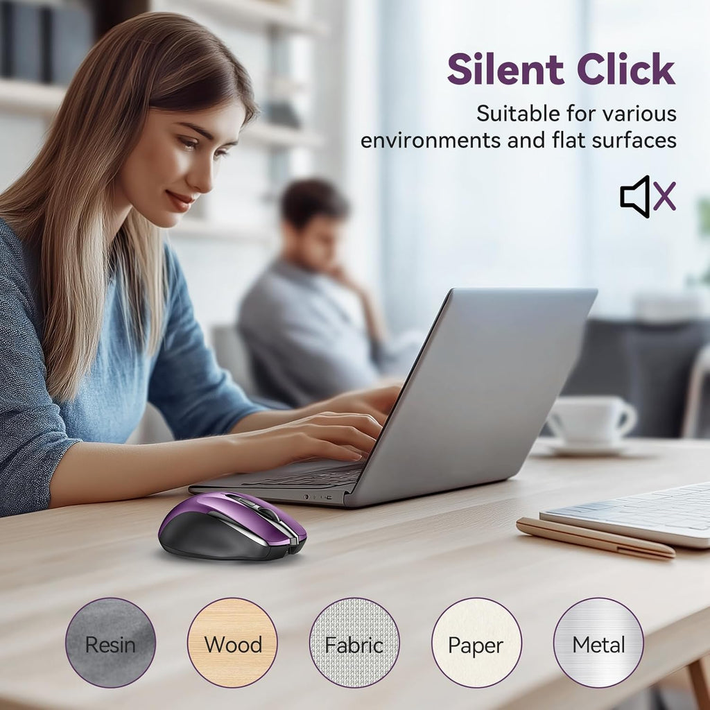 Bluetooth Mouse (BT5.0/3.0 & 2.4G) Rechargeable Wireless Mouse, 4800 DPI Optical Tracking, 6 Adjustable DPI, 2.4GHz with USB A Receiver, Quiet Clicks, Ergonomic Grips, 6 Buttons - Purple