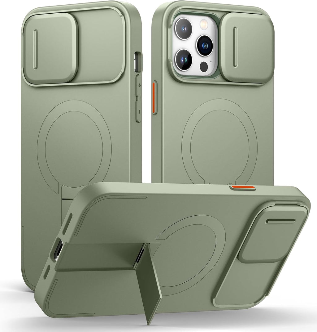 SURITCH for iPhone 13 Pro Max/12 Pro Max Case with Magnetic Camera Slide Cover and Adjustable Kickstand, Compatible with MagSafe, Shockproof Bumper Case Slim Protective Cover 6.7 Inch, Green