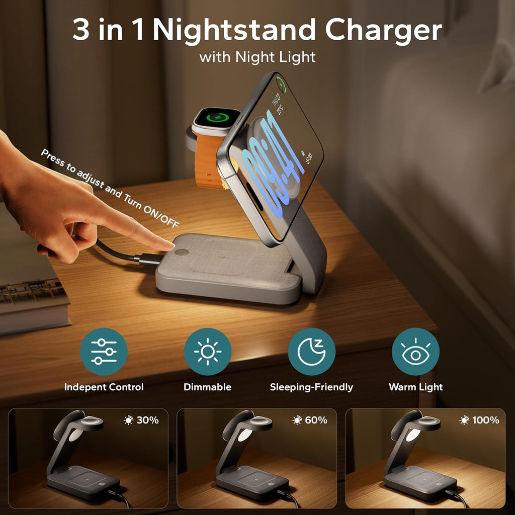 3 in 1 Foldable Wireless Charging Station for MagSafe, Nightstand Magnetic Charger Stand for iPhone 16 15 14 13 Pro Max, Travel Charging Dock with Night Light for Apple Watch/AirPods (Gray)