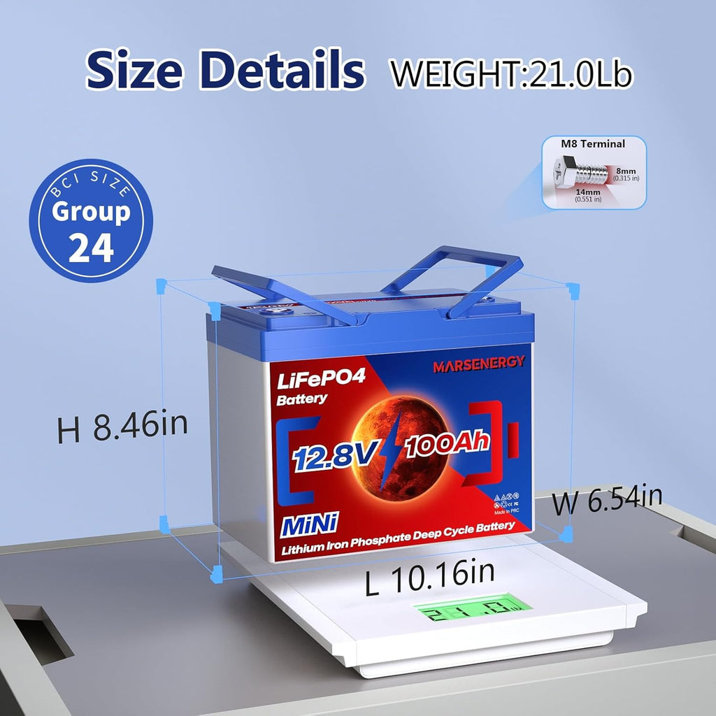 12V 100Ah Lifepo4 Battery, Bci Group 24, Built-In 100A Smart BMS, 4500 To 15000 Deep Cycle Grade A Cells Lithium Battery For Rv, Trolling Motor, Marine, Home Energy Storage, Solar Panel System (B-1PC)