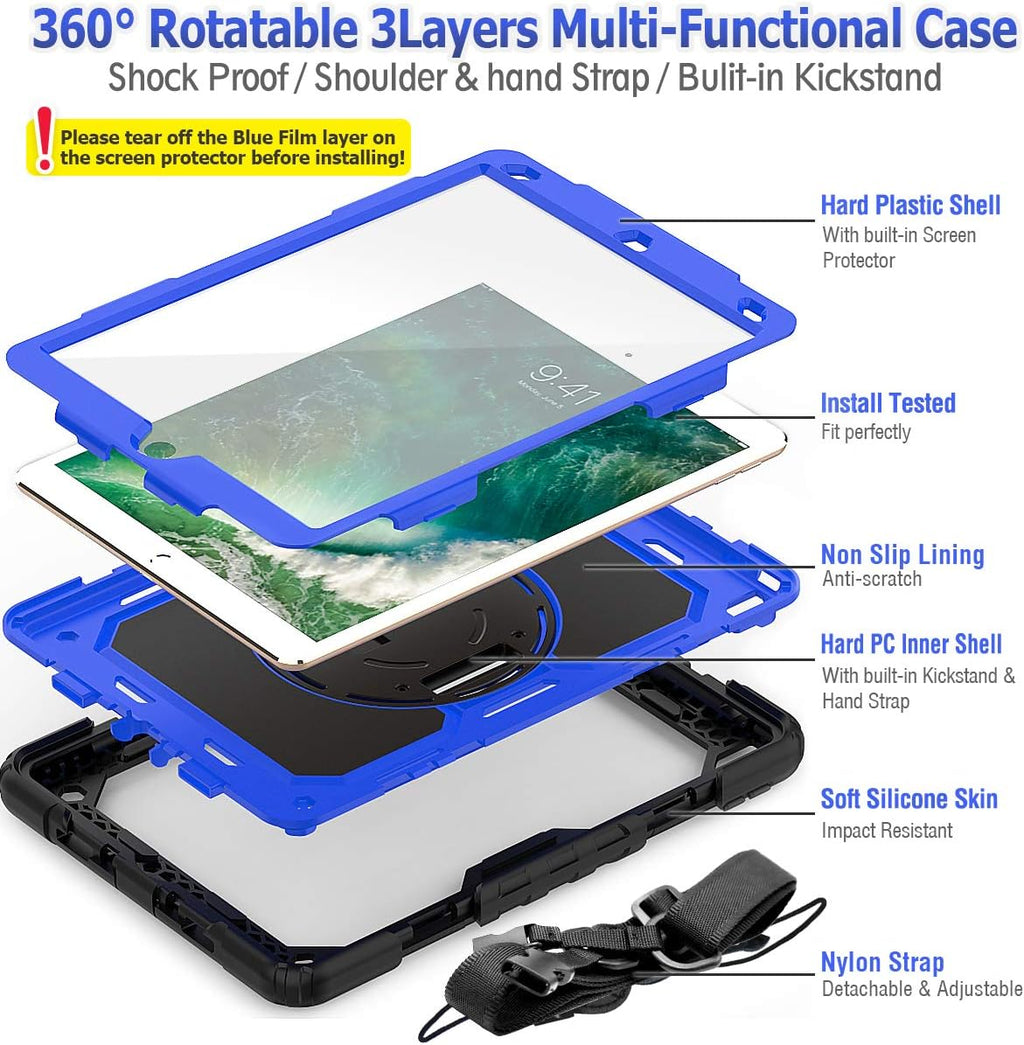 SEYMAC stock Case for iPad Air 3 2019 / Pro 10.5'' with Screen Protector Pen Holder [360° Rotate Hand Strap/Stand], Drop-Proof Case (Blue+Black)