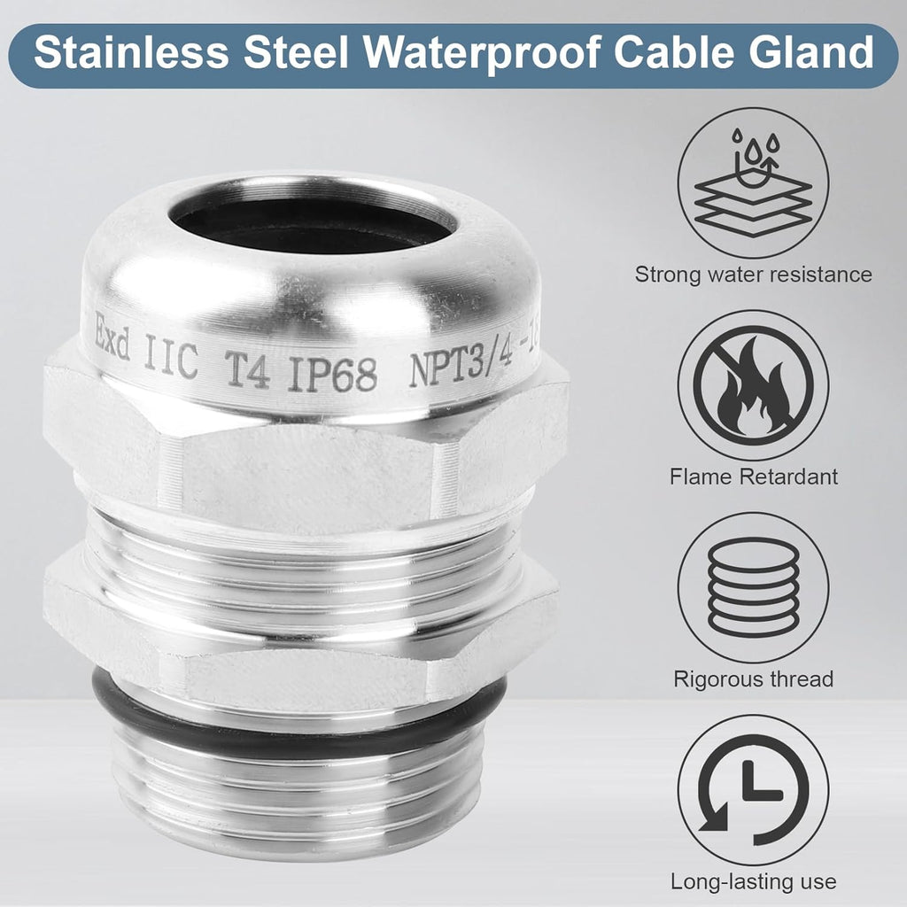 NPT 3/4" Stainless Steel Waterproof Cable Gland IP68 Waterproof Cable Gland Adjustable 13-18mm Cable Gland Protectors - 2 Pcs