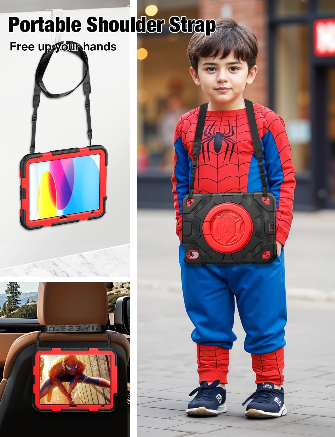 SCSVPN for iPad (A16) 11th/10th Generation Case 11 inch 2025/10.9 inch 2022, Rugged Shockproof Protective Silicone Case for Kids with Pencil Holder, Rotate Stand & Handle, Shoulder Strap - Black/Red