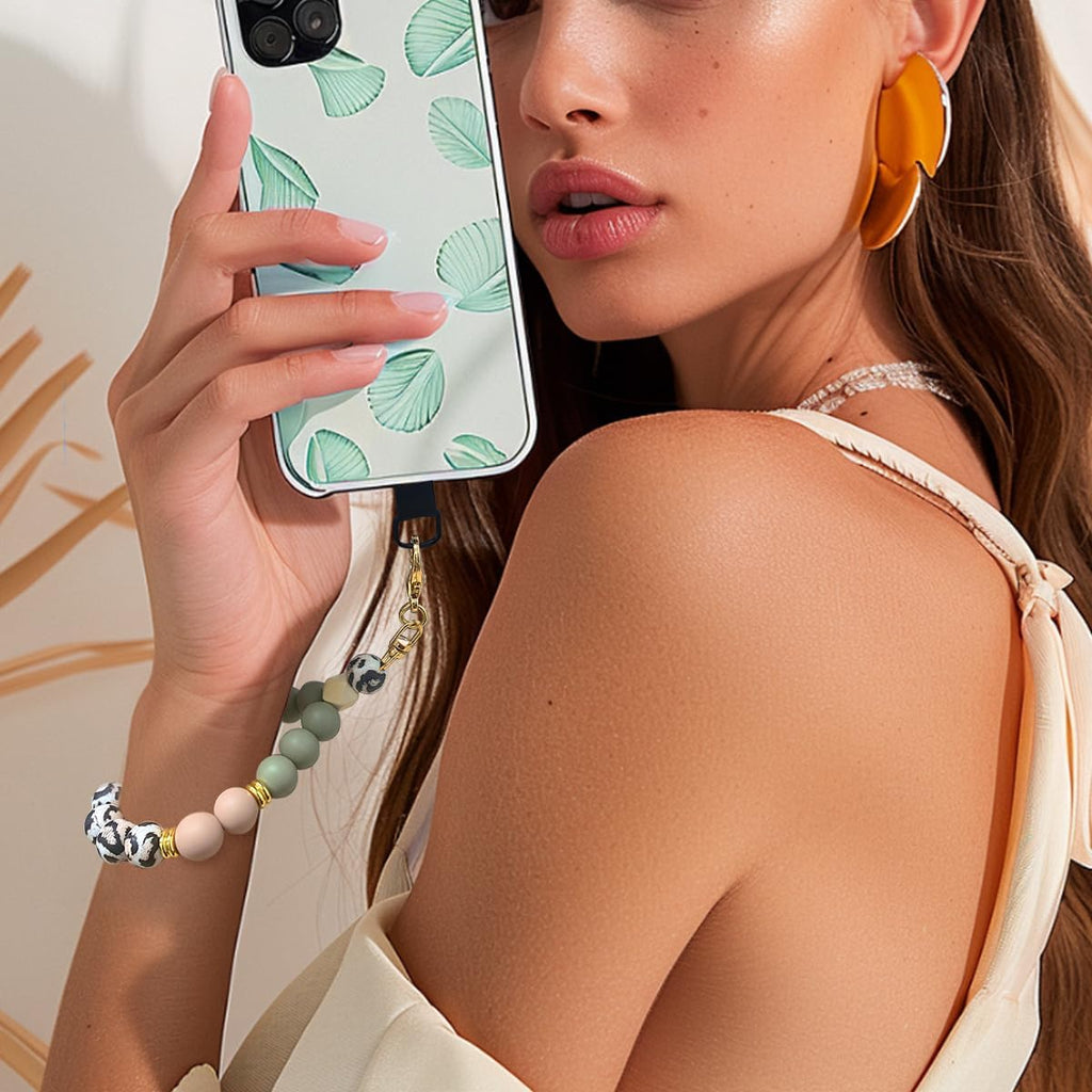 Marble Silicone Beaded Phone Wrist Strap, Cellphone Lanyard with Tether Tab, Elastic Hands-Free Wristlet Bracelet