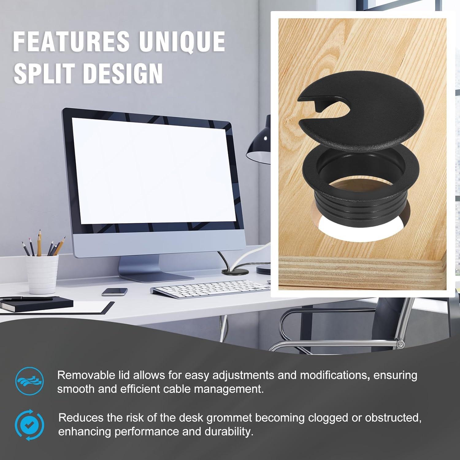1-1/2" Black Desk Grommet，JTemgle Plastic Cable Hole Cover Computer Table Cord Wire Organizer Caps Desktop Cord Management for Home Office TV Stands Tabletops, 10 Pieces