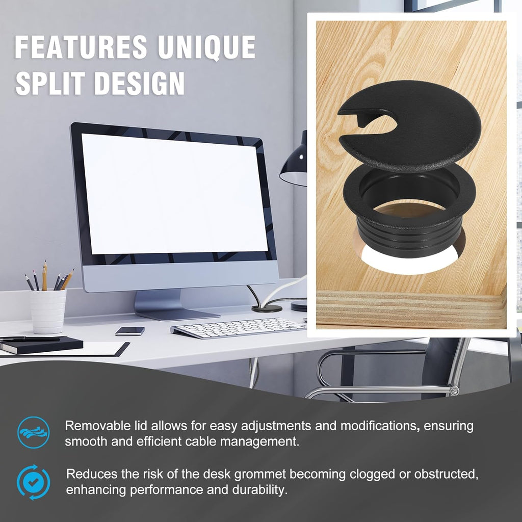 1-1/2" Black Desk Grommet with Bi-Metal Hole Saw, JTemgle Plastic Cable Hole Cover Computer Table Cord Wire Organizer Caps, Desktop Cord Management for Home Office TV Stands Tabletops, 7 Pieces