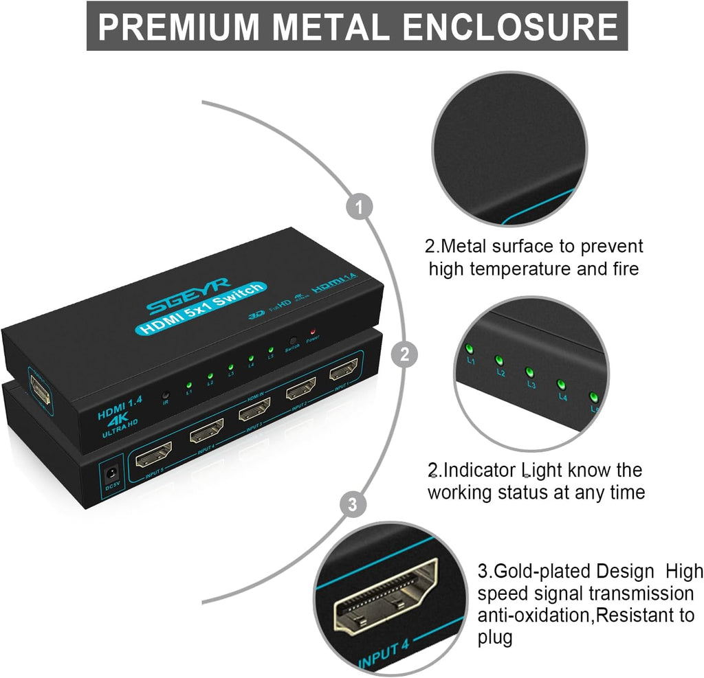 HDMI Switch SGEYR 5x1 HDMI Switcher 5 in 1 Out HDMI Selector 5 Port Box with IR Remote Control HDMI 1.4 HDCP 1.4 Support 4K@30Hz Ultra HD 3D 2160P 1080P