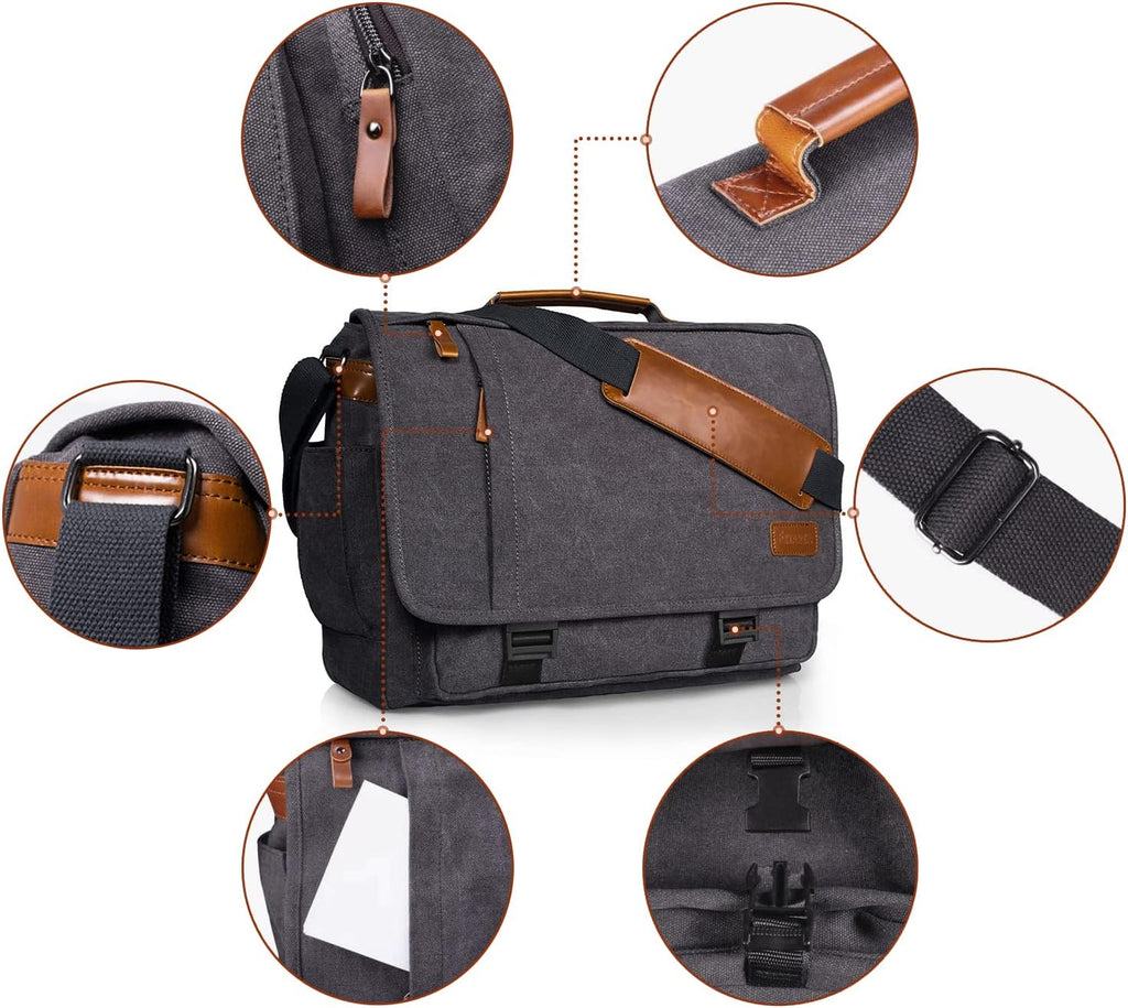 ESTARER Men Messenger Bag 17-17.3 Inch Laptop Bag Water-resistant Canvas Computer Shoulder Bag Briefcase for Work College Travel, Grey