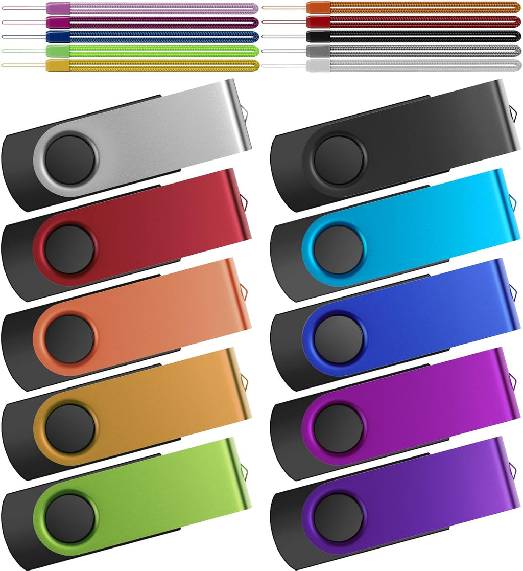 Kepmem Flash Drive 64GB Pack of 10 Thumb Drives Bulk 64 Giga USB Drives Value Metal USB 2.0 Memory Sticks Swivel Pen Drive 64 GB Portable Jump Drive Colorful Multipack Zip Drives for Data Storage
