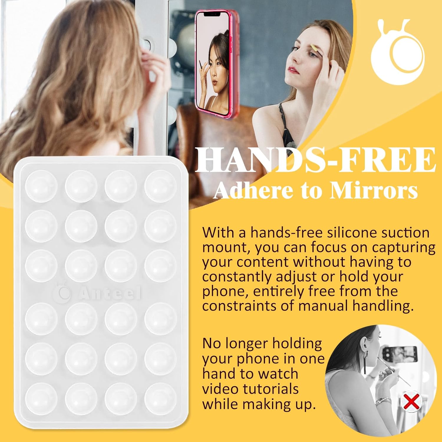 Anteel MAX Silicone Suction Phone Case Adhesive Mount, Upgraded Super Strong Grip, Durable, Easy to Use, Hands-Free Sticky Phone Holder for Selfies, Tiktok Videos, 2.56"x3.94" (Black)