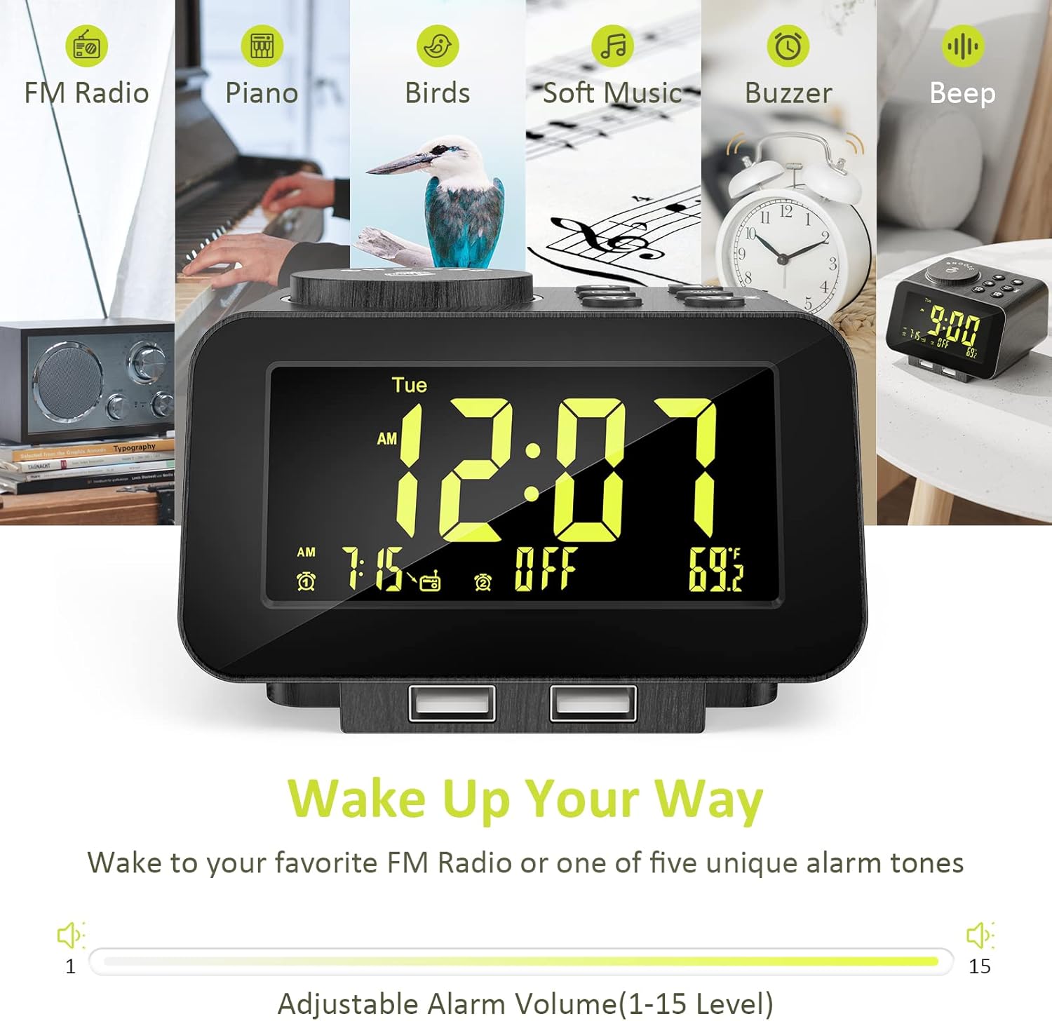 uscce Alarm Clock Radio for Bedroom - 0-100% Dimmer, 2 USB Chargers, Dual Alarm with Weekday/Weekend Mode, FM Radio w/Auto-Off Timer, Battery Backup, Loud Alarm Clock for Heavy Sleeper(Wood Grain)
