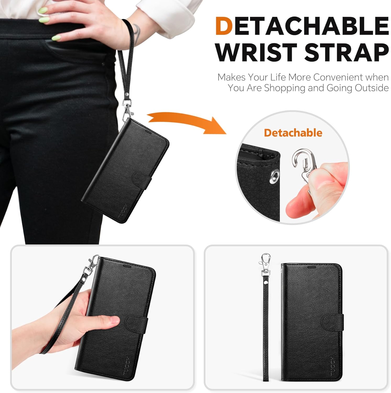 TUCCH Wallet Case for Galaxy S25 Plus, [Removable] 2 in 1 [Wireless Charging] Wrist Strap RFID Blocking [4 Card Holders] Magnetic Detachable Stand PU Leather Cover for Galaxy S25 Plus, Textured Black
