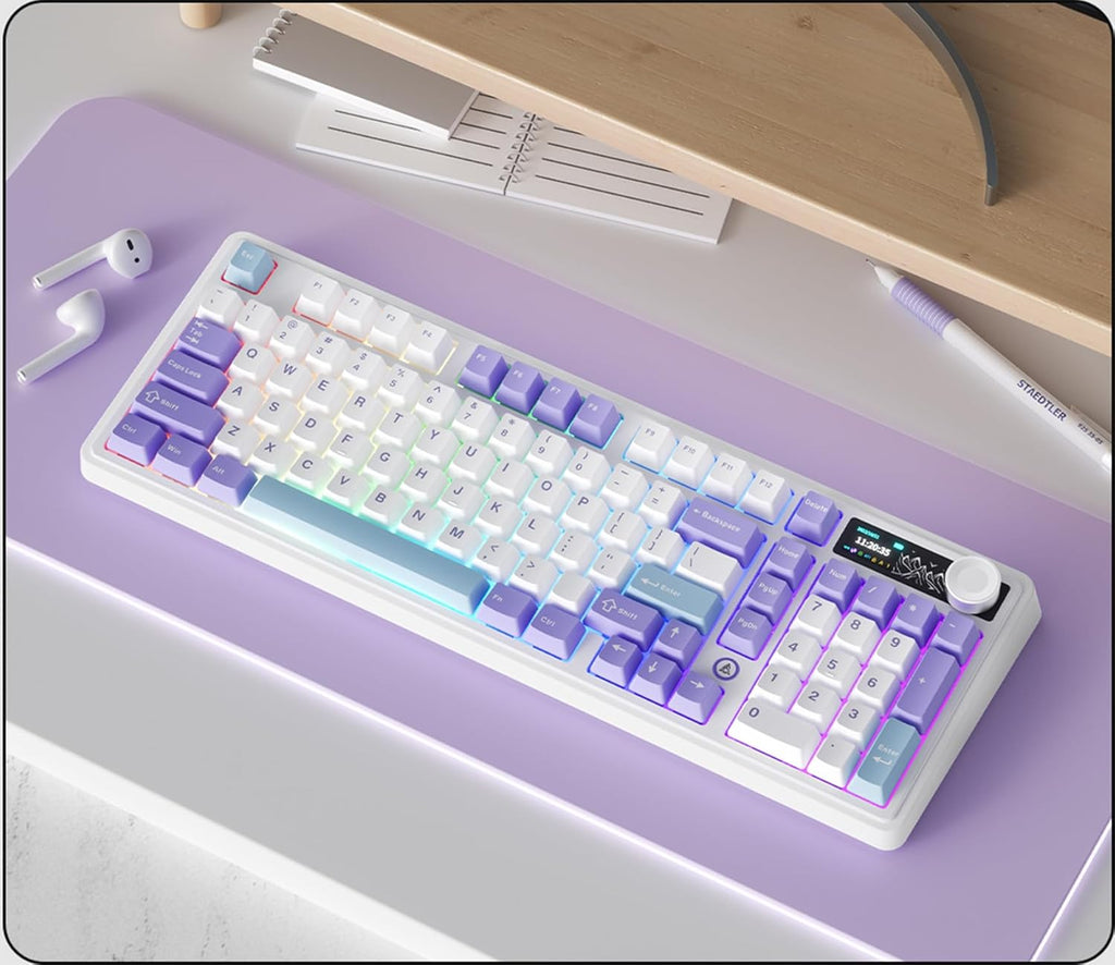 AK980 97Keys Tri-Mode Full Mechanical Keyboard, Gasket-Mounted, Hot-Swappable, 1.14” TFT Smart Display, Bluetooth 5.1/2.4G Wireless/Wired, PBT Keycaps RGB Backlit (Purple, Qingyun Tactile Switch)