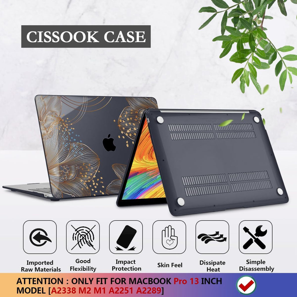 CISSOOK for MacBook Pro 13 inch Case 2025-2020 Release Model A2338 M1 M2 A2289 A2251 with Touch Bar, Plastic Hard Shell Case & Keyboard Cover & Screen Protector for Pro 13, Gorgeous Gold Floral