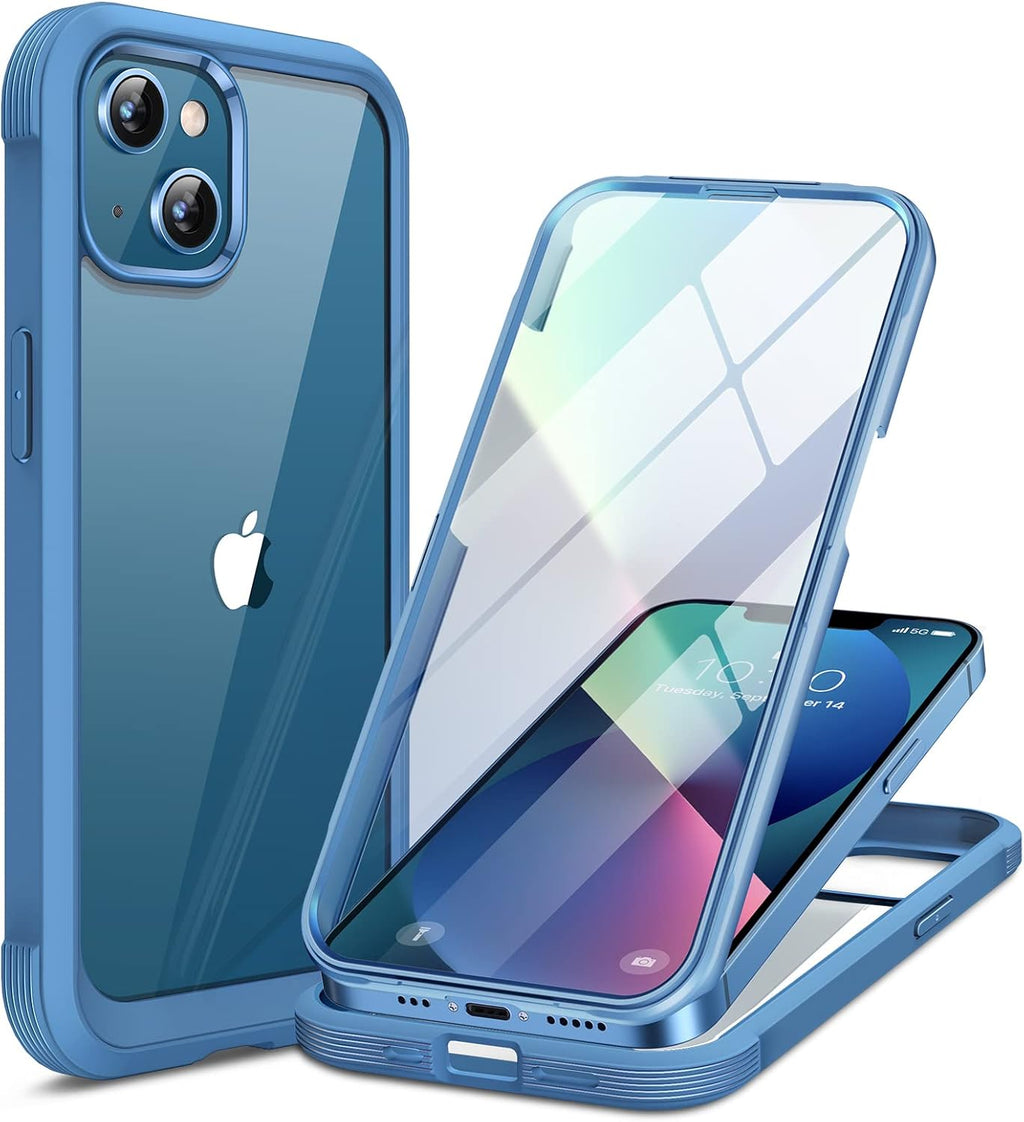 Miracase Compatible with iPhone 13 case 6.1 inch, 2023 Upgrade Full-Body Glass Clear Case Bumper Case with Built-in 9H Tempered Glass Screen Protector for iPhone 13 (Capri Blu)