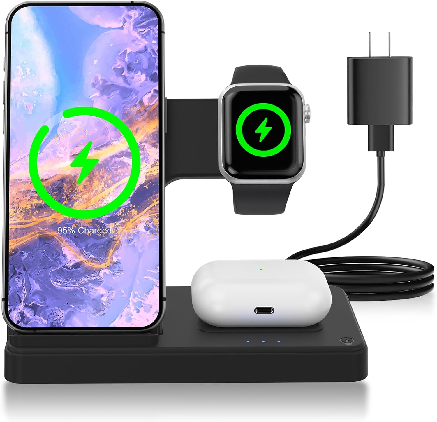 Charging Station Wireless Charger: 3-in-1 Charger Desk Stand Multiple Devices - for iPhone 16e 16 15 14 13 12 Pro Max - for Apple Watch and AirPods Ultra Series - Bedside Nightstand