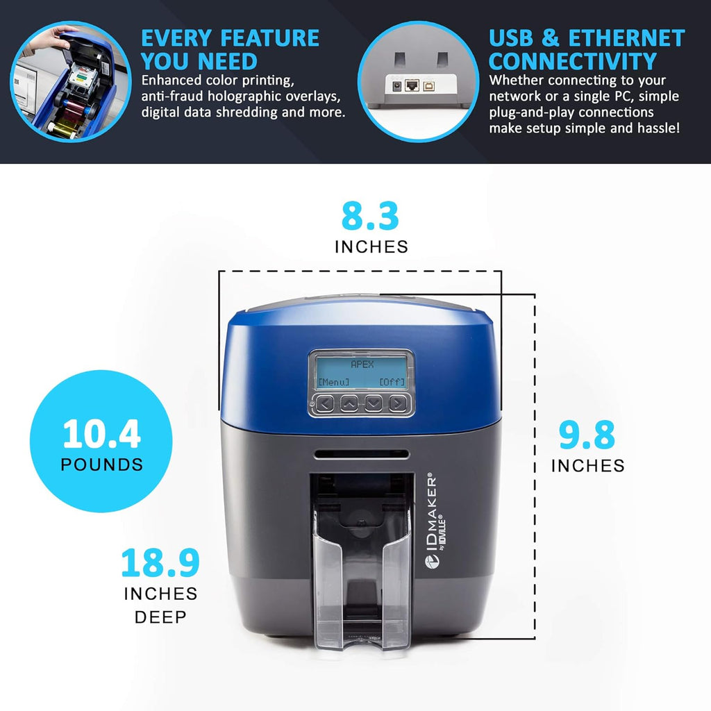 ID Maker Apex 2 Sided Card Printer Machine & Supply Kit for Badge Printing - Print Professional Quality Identification Badges - IDMaker Software, 300-Print Color Ribbon, 100 PVC Cards