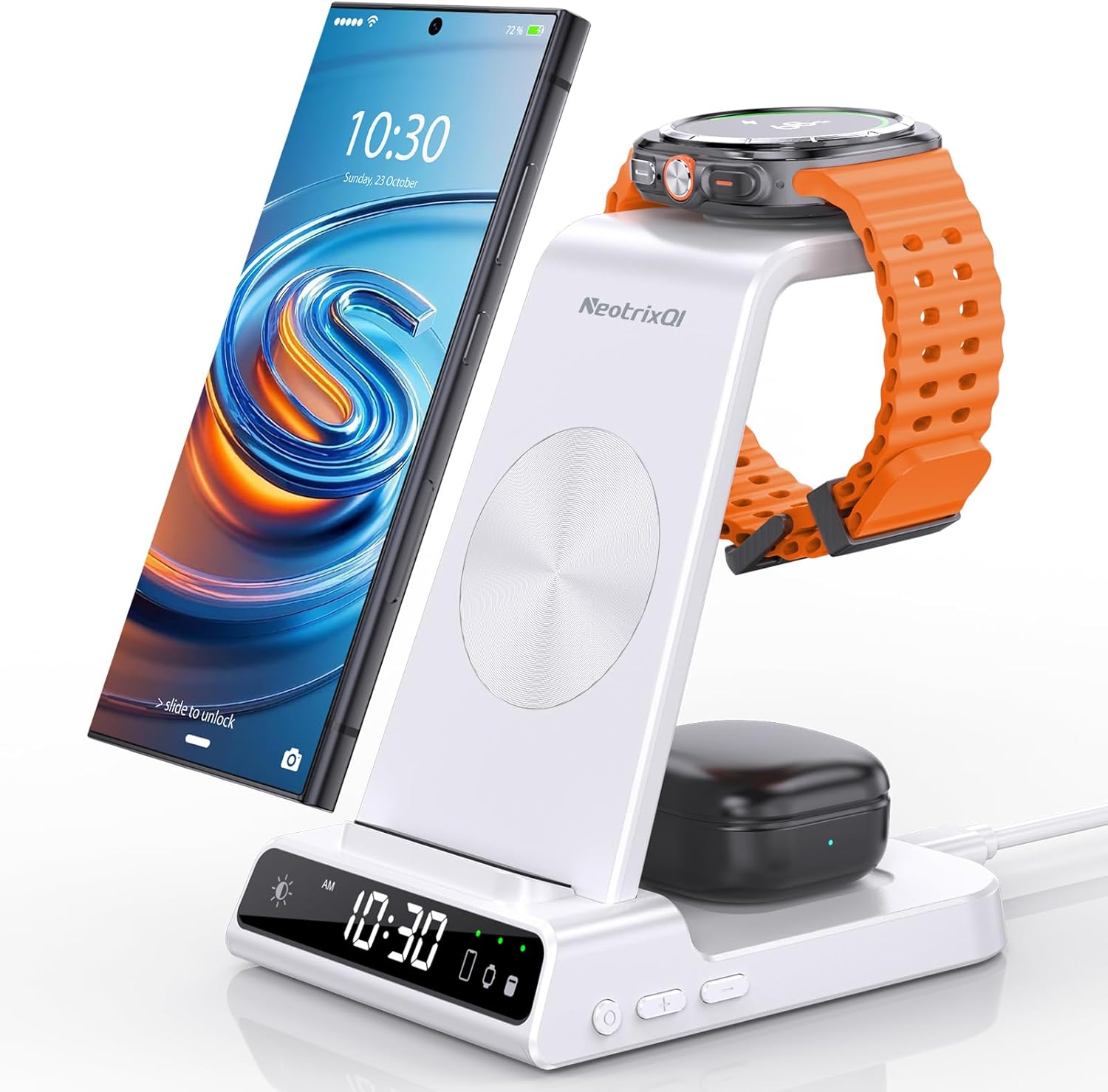 Wireless Charger for Samsung Charging Station, 3 in 1 Android Phone Charger for Samsung Galaxy S25 Ultra/S24 Ultra/S23/Z Fold7/Flip7, Galaxy Watch 8/8 Classic/Ultra/7/6/5, Galaxy Buds 3 Pro/3(White)