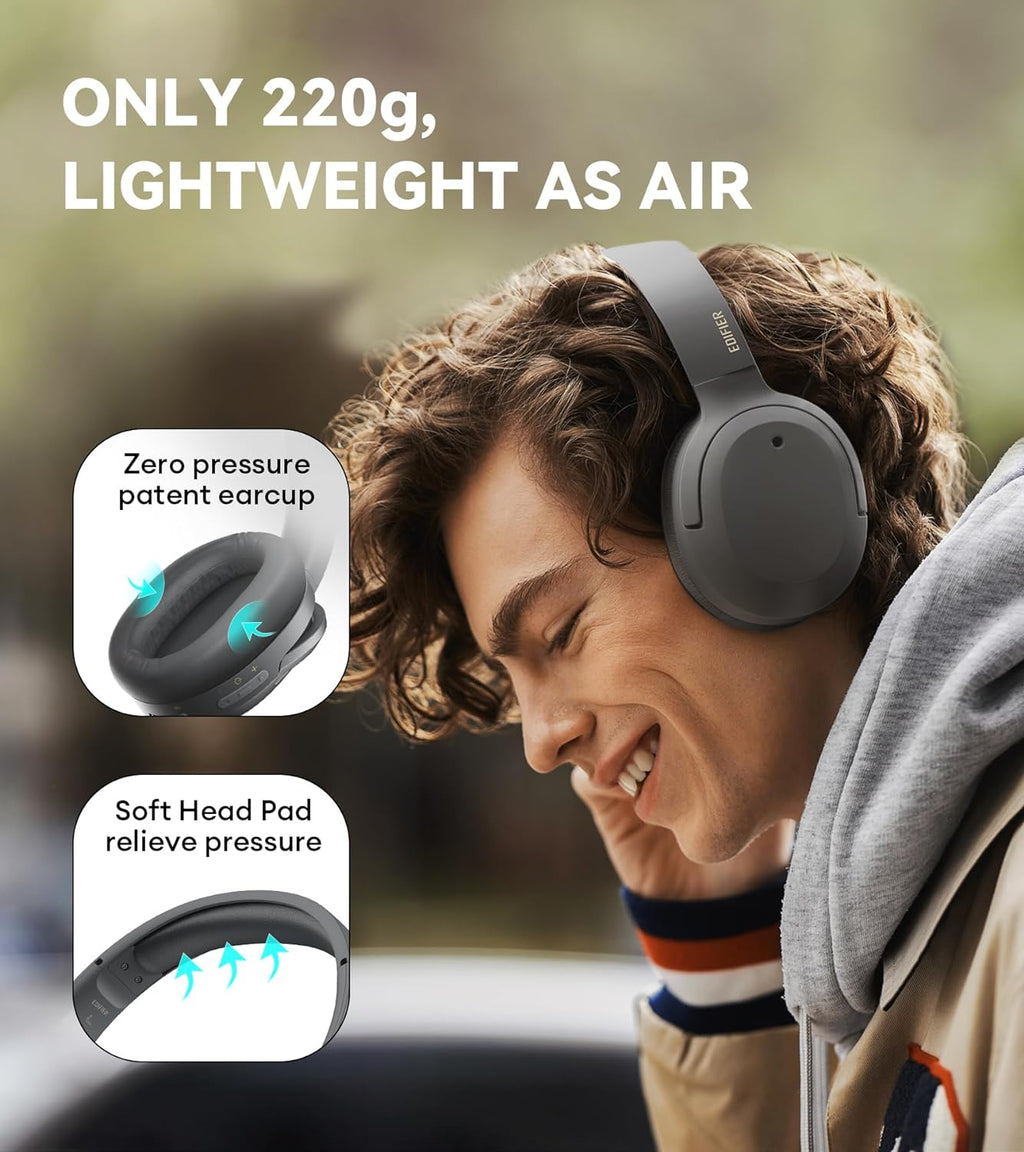 Edifier W820NB Plus Hybrid Active Noise Cancelling Headphones - LDAC Codec - Hi-Res Audio - Fast Charge - Over Ear Bluetooth V5.2 Headphones for Travel, Flight, Train, and Commute- Gray