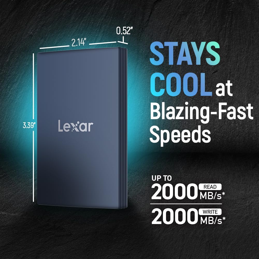 Lexar 2TB Armor 700 Portable SSD, Up to 2000MB/s, USB 3.2 Gen 2x2, Rugged, IP66 Water & Dust Resistance, Compatible w/iPhone 15/16, Cameras, Gaming, External SSD, Dark Blue (LAR700X002T-RNLNU)