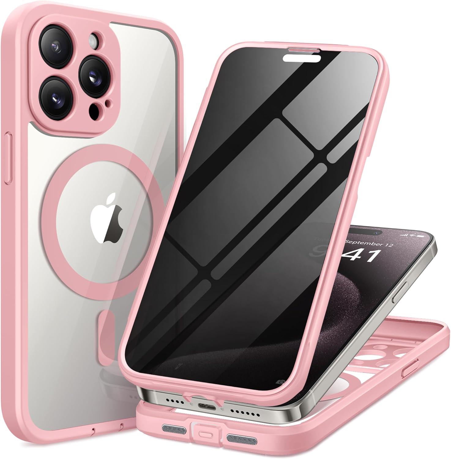 Magnetic for iPhone 15 Pro Max Case, Compatible with MagSafe, Built-in Privacy Screen Protector and Camera Protection, Anti Spy Full Body Dustproof Shockproof Hard Phone Case 6.7", Pink