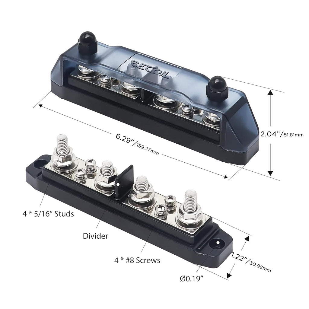 Recoil BBPG4 Bus Bar Positive and Negative 4 x 5/16”(M8) Studs and 4 x #8 Screw Terminals Power Distribution Block Busbar with Ring Terminals 150 Amp Rating