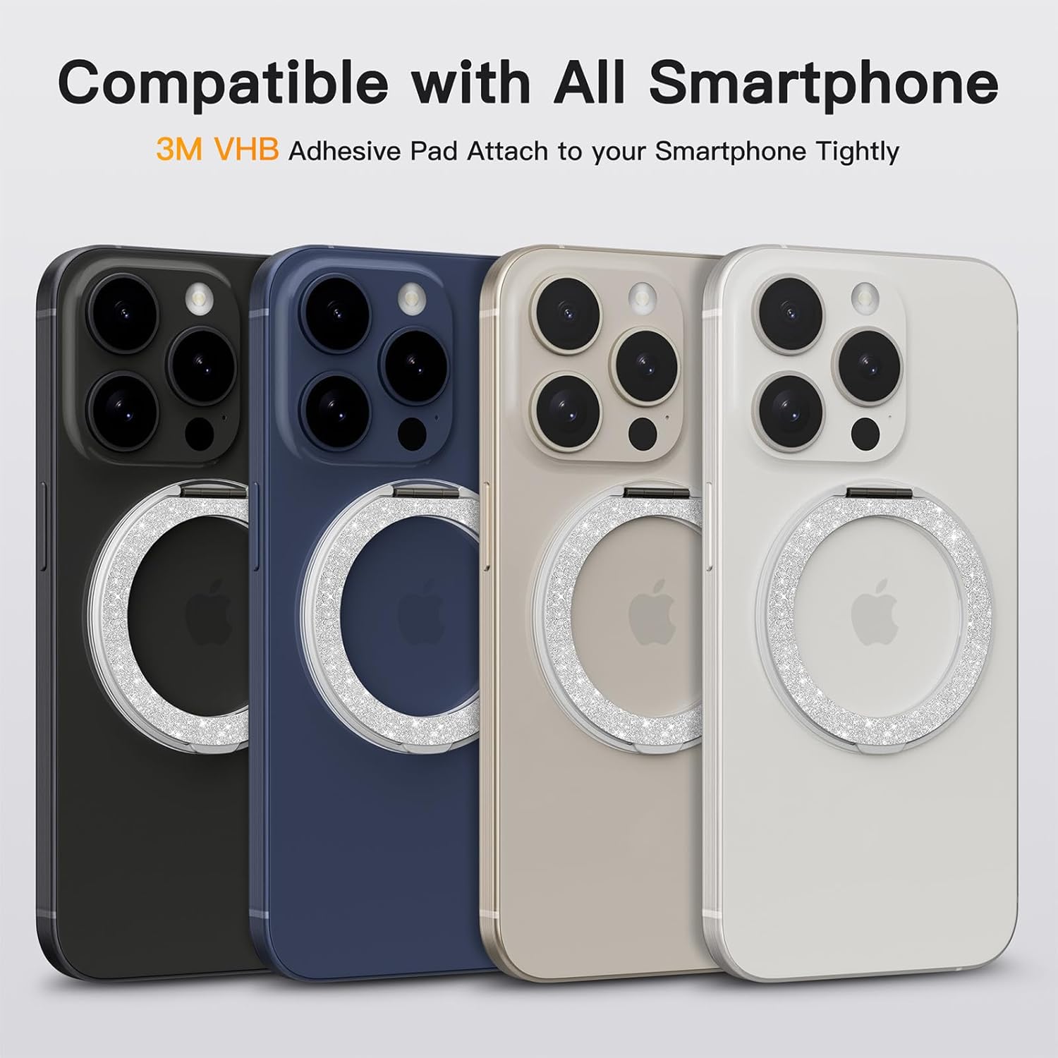 COOLQO 1Pc 360 Spin Cell Grip Ring Phone Stand [Upgrade Gear Hinge Stress Relief] Magnetic Holders for Your car Accessories Desk Mount Compatible with iPhone All Smartphone, Glitter Silver