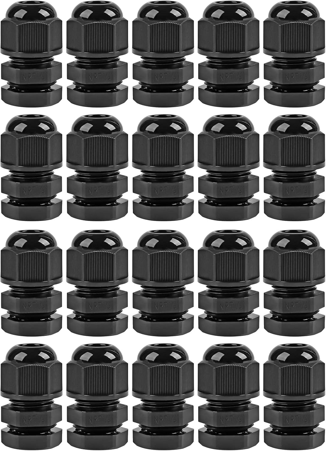 XHF 20 Pcs 1/4 Inch IP68 Strain Relief Nylon Cord Grip NPT Cable Glands Adjustable UL Listed and RoHS Compliant (Black)