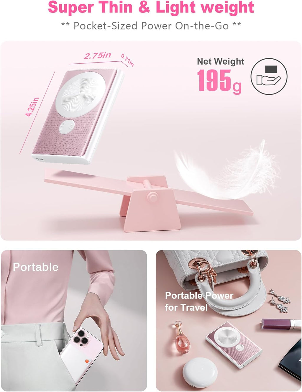 Kesguar Magnetic Portable Charger, 10000mAh 22.5W PD Super Fast Charging Wireless Power Bank. Ultra-Strong Magnet, USB C in&Out Battery Pack for Magsafe, iPhone 16/15/14/13/12 Pro Series, Pink