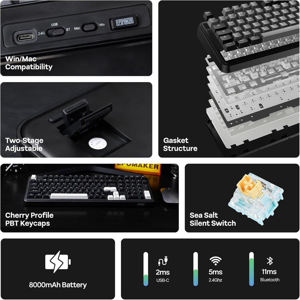 EPOMAKER TH99 Wireless Mechanical Keyboard with Lubed Silent Switch, Quiet Gaming Keyboard, 8000mAh,Creamy Gasket,RGB Backlit,Numpad,PBT Keycap,Hot Swappable,for Gamers/Office (Black)