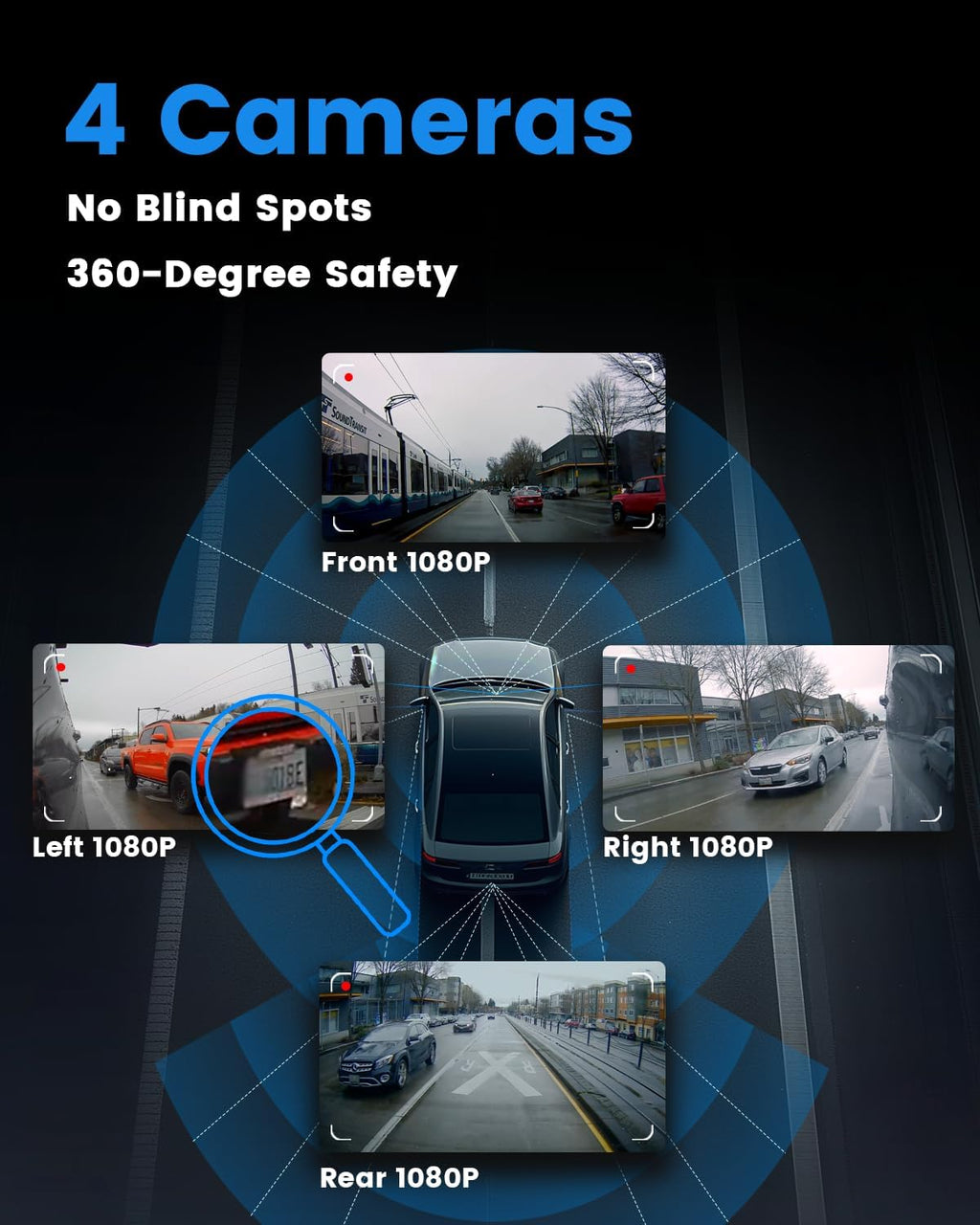 Sprleaf 4-Channel Dash Cam with Front and Rear Cameras, 360° Dashcam,128GB Card Included, 5G Wi-Fi and App Control, Night Vision, WDR, 24-Hour Parking Mode, Collision Detection