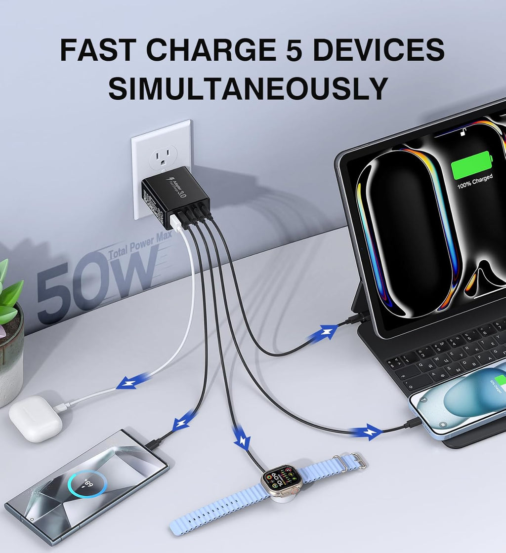 [2-Pack] USB C Wall Charger, 50W Type C Charger Block 5-Port Fast Charging Blocks,3USB C+2USB A Multiport Plug,PD Power Adapter Brick Cube for iPhone 16/15/14/13/12/Pro,iPad,Samsung,for Switch（Black）