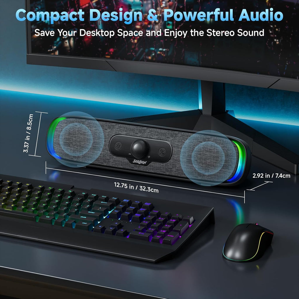 SOULION R200 Bluetooth Computer Speakers, Compact PC Speakers, USB C/USB Plug & Play Desktop Speaker with Colorful LED Lights, Clear Sound PC Soundbar for Computer Desktop Laptop Monitor