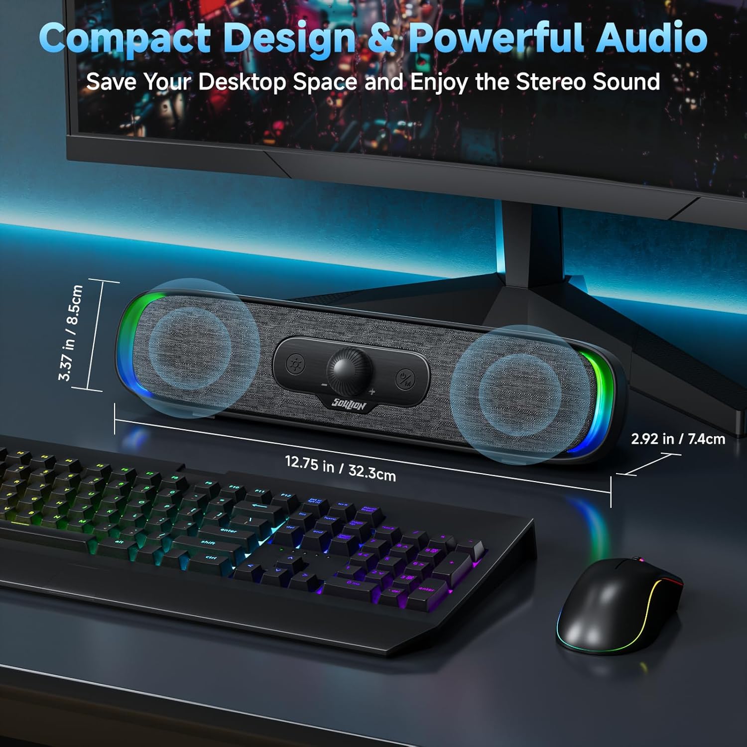 SOULION R200 Bluetooth Computer Speakers, Compact PC Speakers, USB C/USB Plug & Play Desktop Speaker with Colorful LED Lights, Clear Sound PC Soundbar for Computer Desktop Laptop Monitor