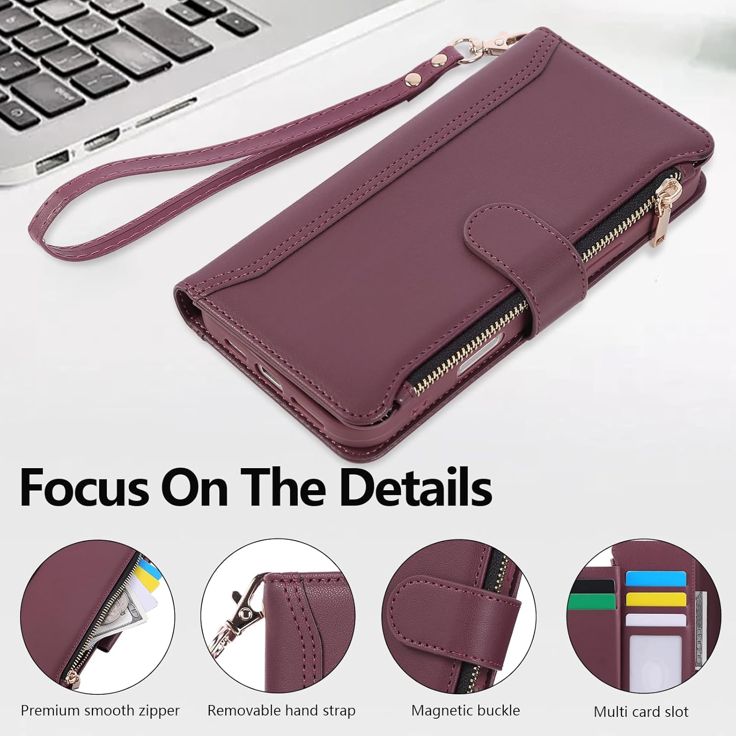Compatible with iPhone 13/14 Wallet Phone Case-PU Leather Magnetic Flip Cover with Credit Card Slots,Zipper Pocket & Detachable Wrist Strap,Shockproof Design,for Women and Men-Claret