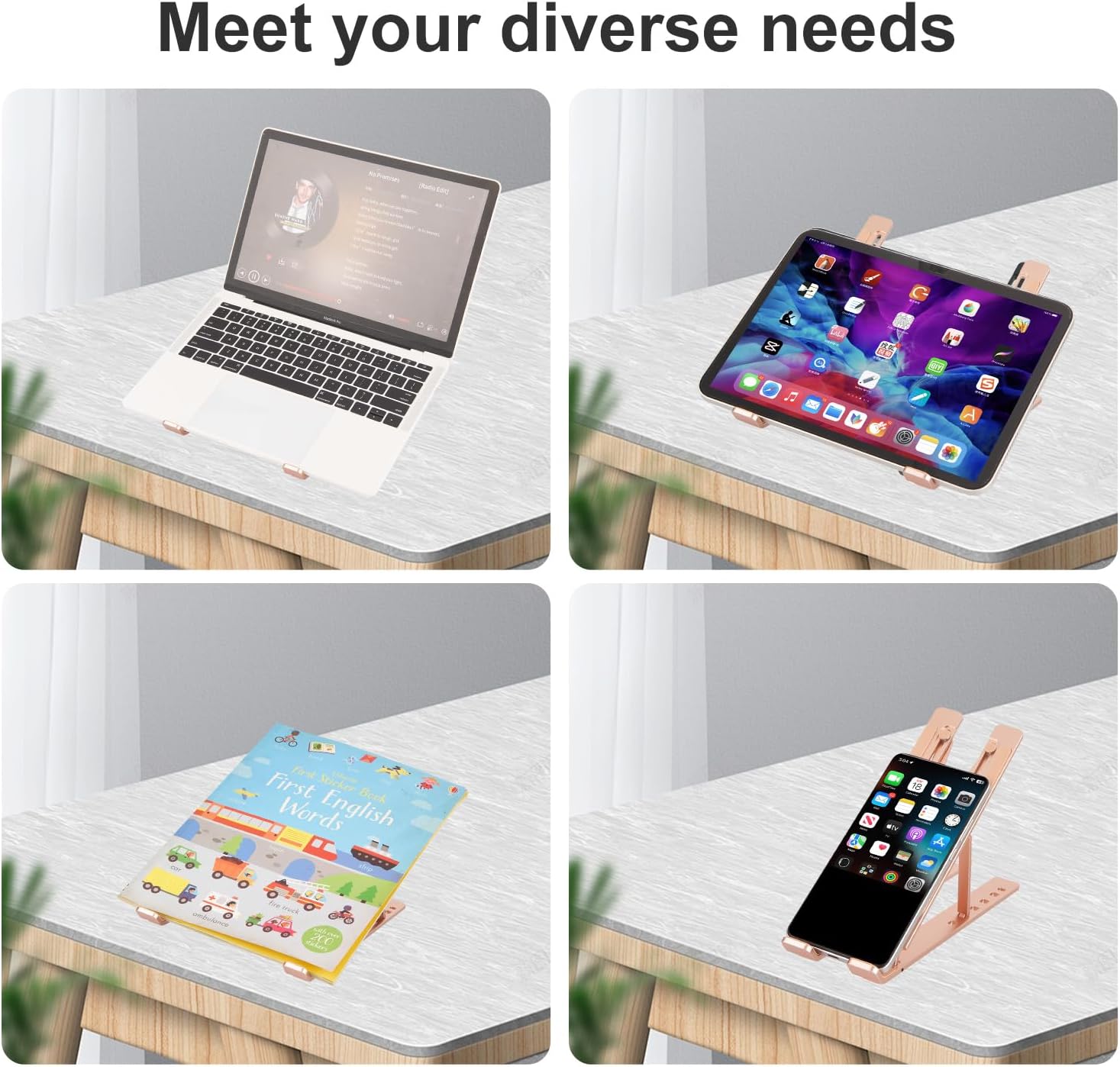 Ergonomic and Foldable Laptop Stand for Desk, Adjustable Riser, Fits All Laptops and Notebooks up to 17,Ultra-Thin,Ventilated Cooling,ABS+Silicone,Gold.