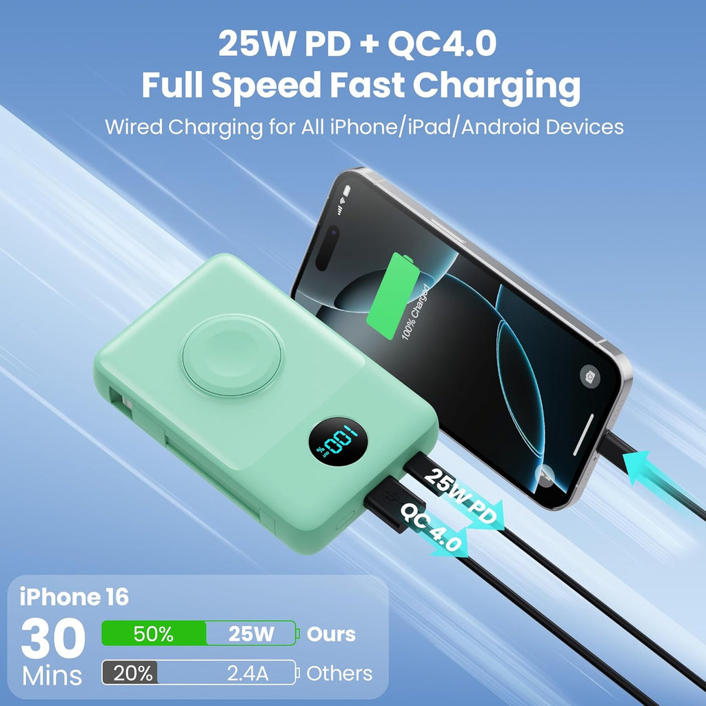 Magnetic Portable Charger 10800mAh for iPhone with Built-in Cables, 6-in-1 Wireless Power Bank with iWatch Charger, 25W PD Fast Charging USB C Battery Pack for iPhone 16/15/14/13/12,Apple Watch(Green)