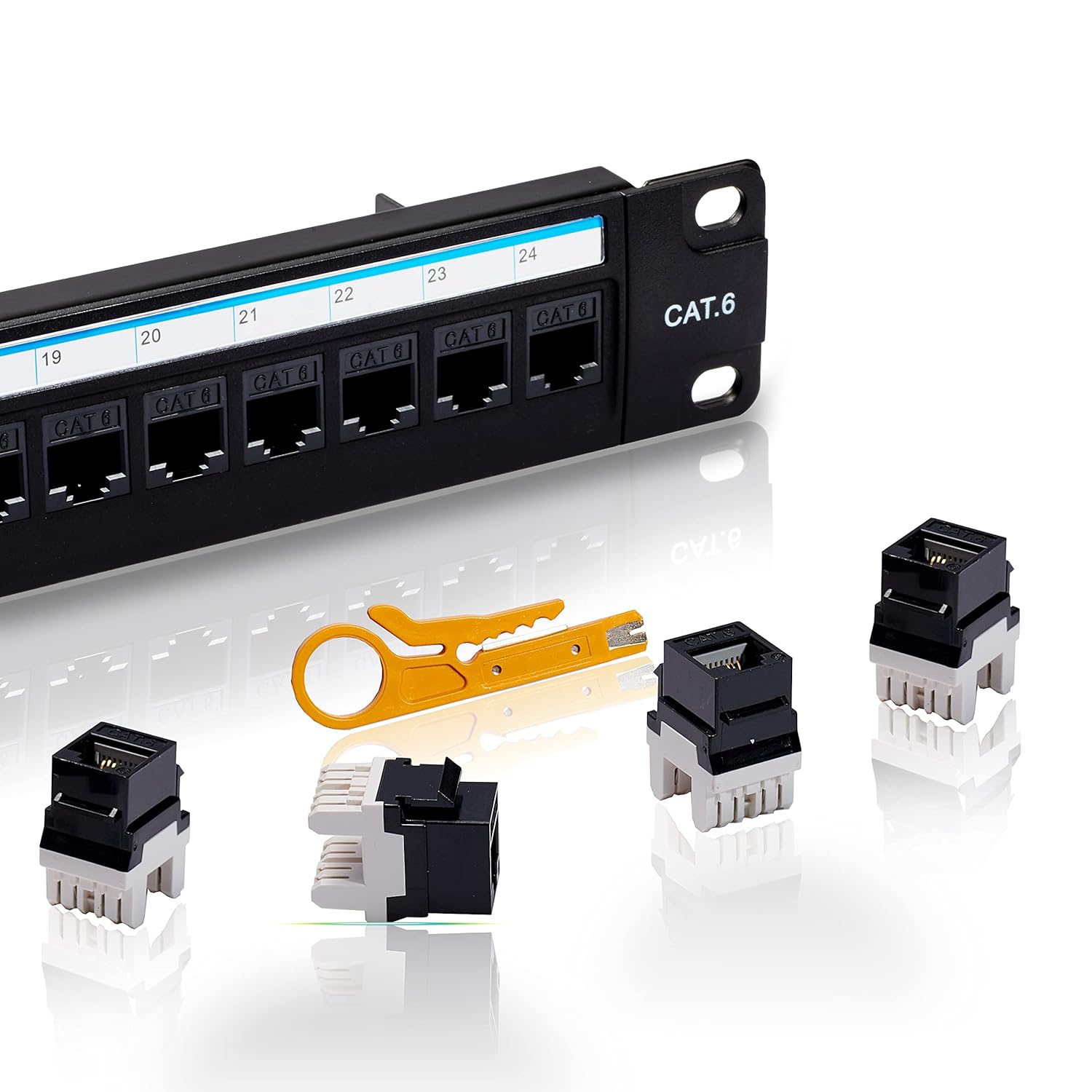 Cat6 Patch Panel 24 Port with Keystone, RJ45 Network Panel 19 Inch, Punch Down Keystone Ethernet Patch Panel with Back Bar