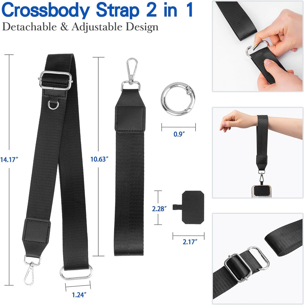 Clip & Go Phone Strap Crossbody with Wallet, 2 Pcs-Crossbody Lanyard with a Zipper Bag & Wrist Lanyard-1 Pad, Save Girls Phone Strap with Pouch, Universal Adjustable Neck Cellphone Holder (Black)