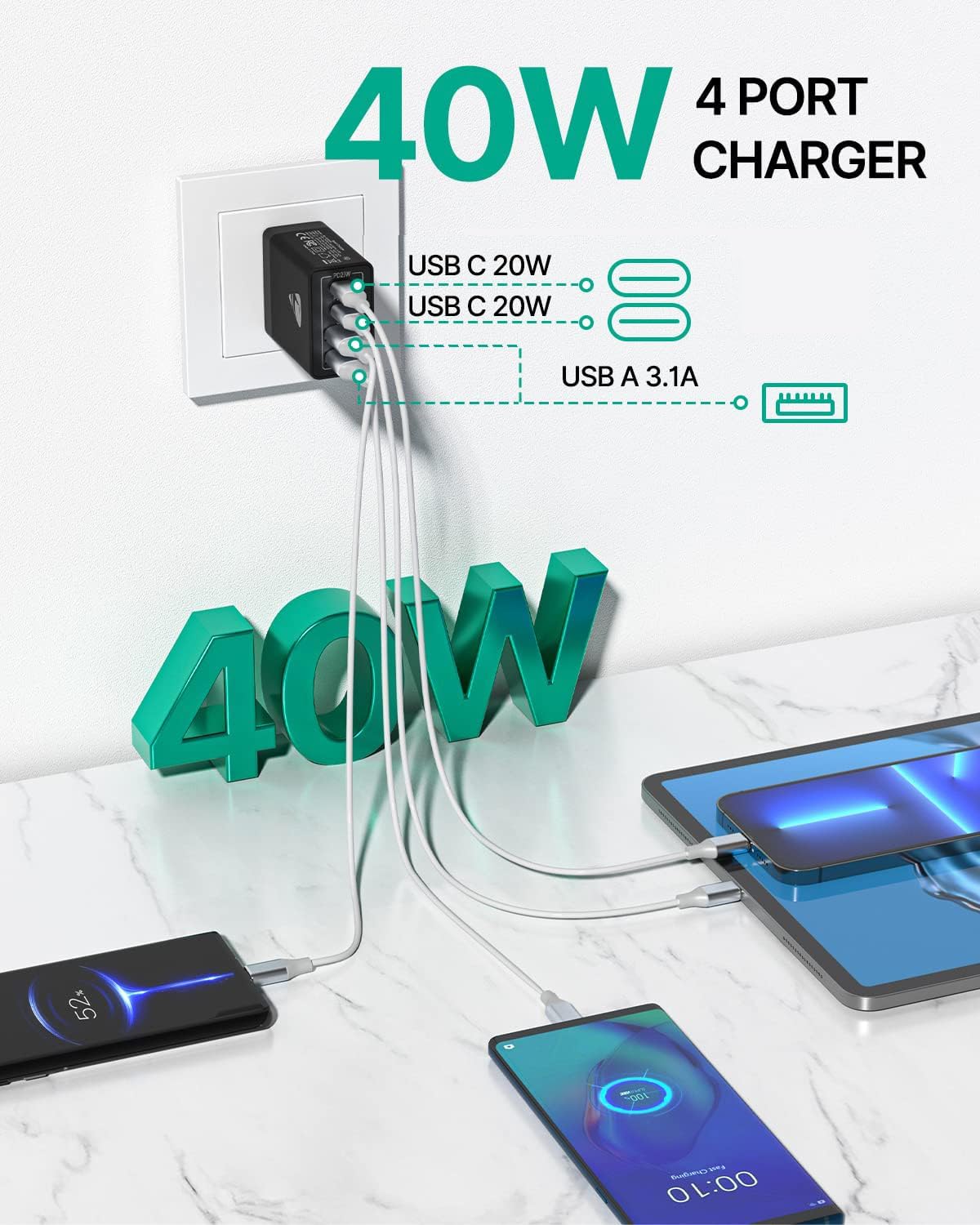 [2-Pack] USB C Wall Charger Block, Aiminu 40W 4-Port Fast Charging Block Dual Port QC+PD Power Brick Multiport Type C Charger Plug Adapter for iPhone 15 14 13 12 11 Pro Max XS XR SE 8 Plus, Samsung