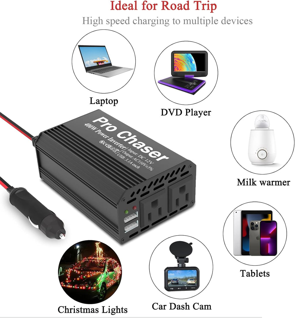 Pro Chaser 400W Car Power Inverter 12V DC to 110V AC Car Truck RV Inverter 6.2A Dual USB Charging Ports for Road Trips (USB C Adaptors Included) (Black)