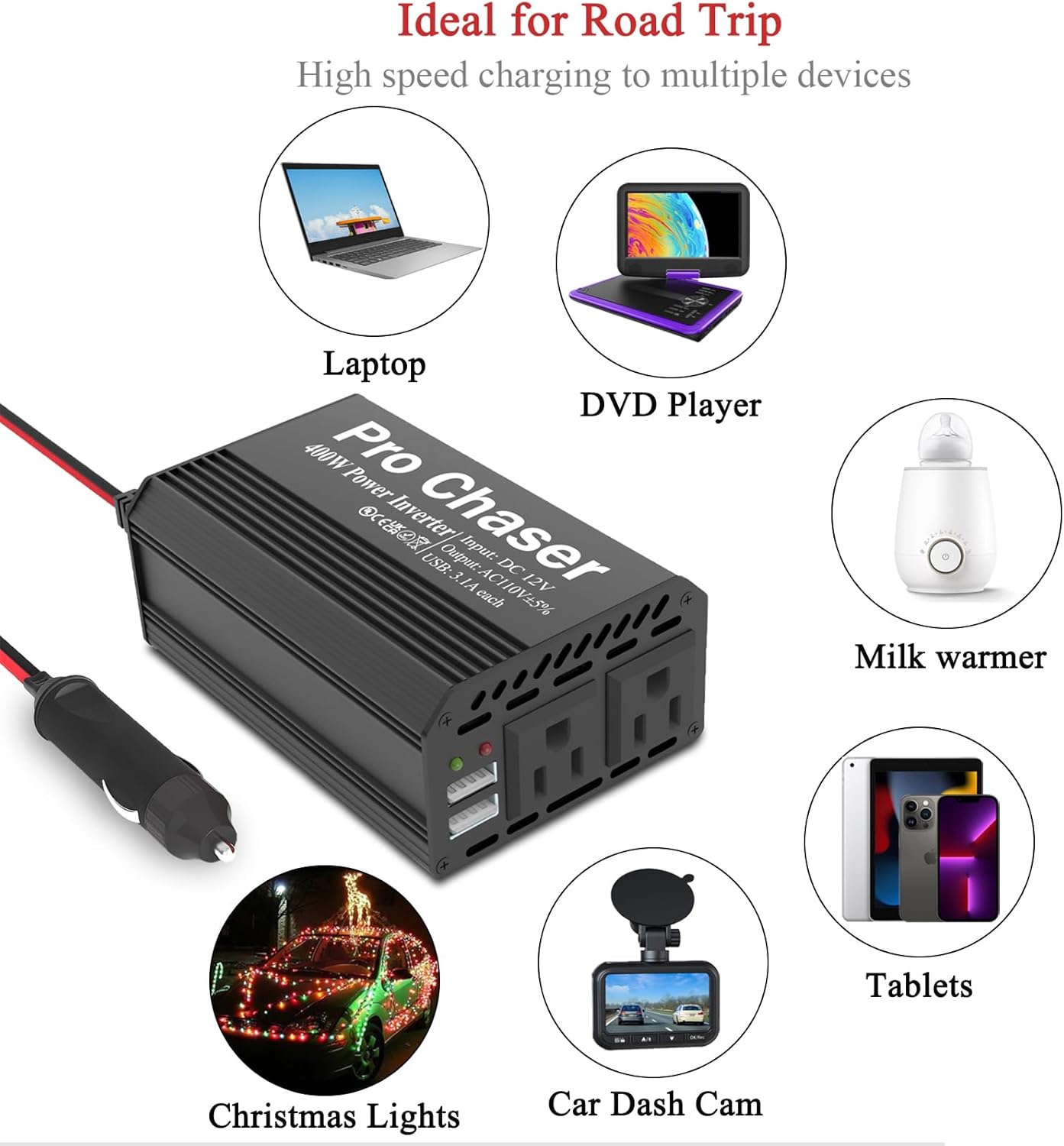 Pro Chaser 400W Car Power Inverter 12V DC to 110V AC Car Truck RV Inverter 6.2A Dual USB Charging Ports for Road Trips (USB C Adaptors Included) (Black)