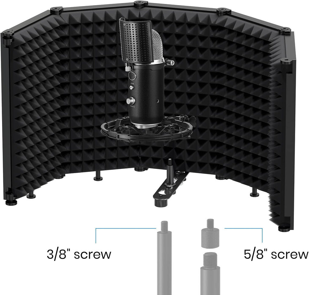 Moukey Microphone Isolation Shield, Foldable Mic Shield with Triple Sound Insulation, Reflection Filter with 3/8" and 5/8" Mic Threaded Mount for Recording Studio, Podcasts, Singing, and Broadcasting